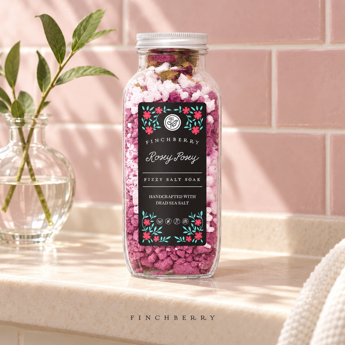 Rosey Posey Fizzy Salt Soak styled editorial product photograph
