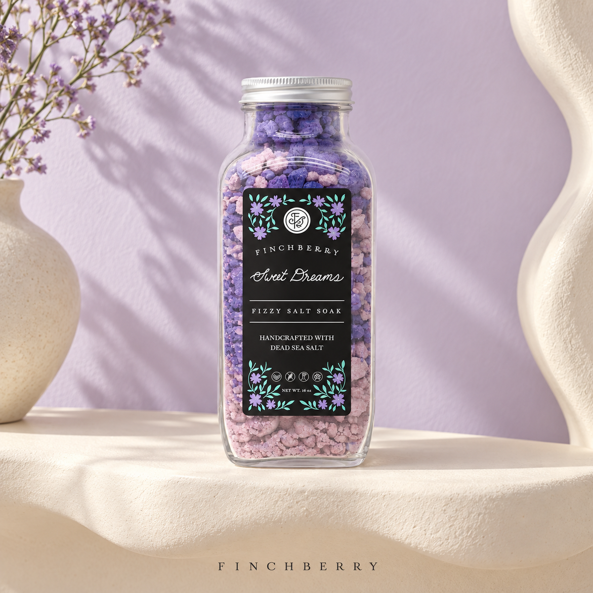 Sweet Dreams Fizzy Salt Soak styled editorial product photograph