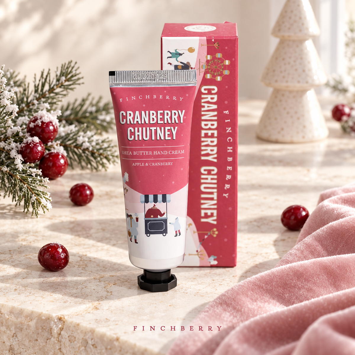Holiday Cranberry Chutney Travel Hand Cream styled editorial product photograph