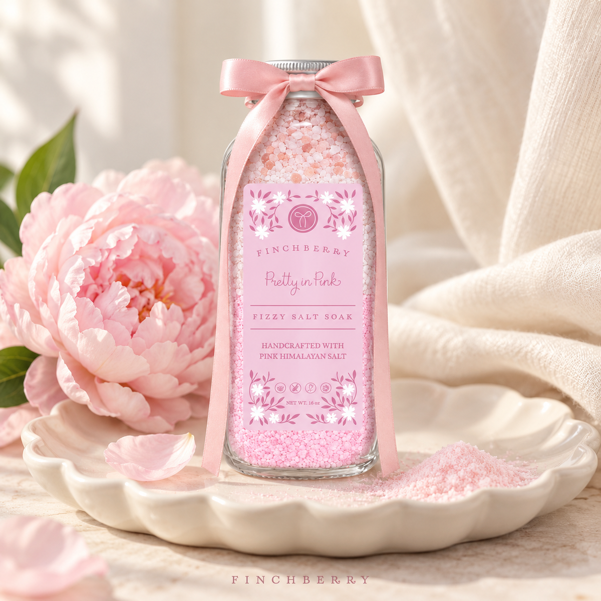 Pretty in Pink Fizzy Salt Soak styled editorial product photograph