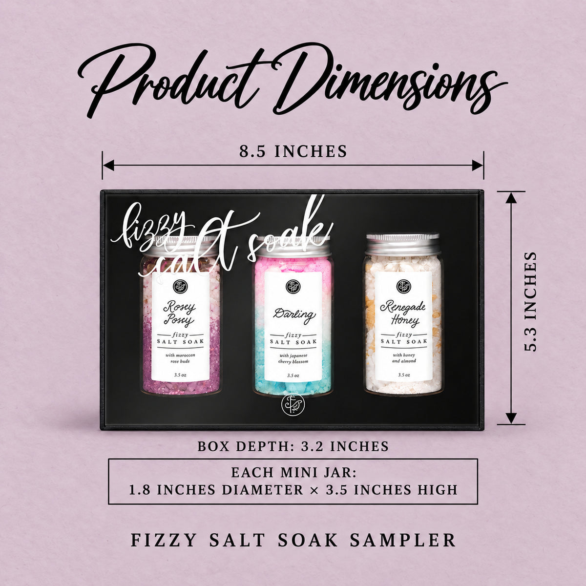 Fizzy Salt Soak Sampler product dimensions, measured in inches.