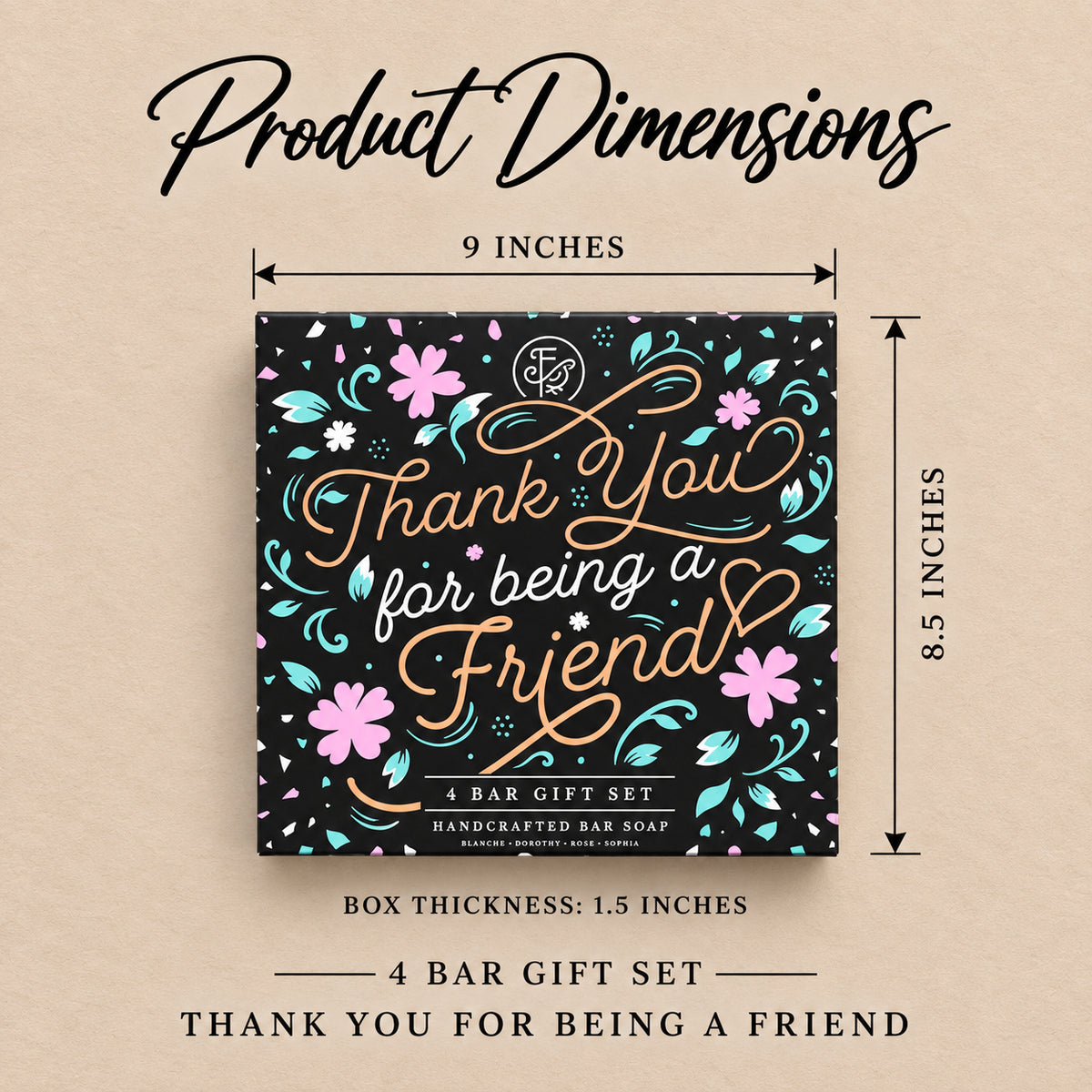 Thank You for Being a Friend Gift Set product dimensions, measured in inches.