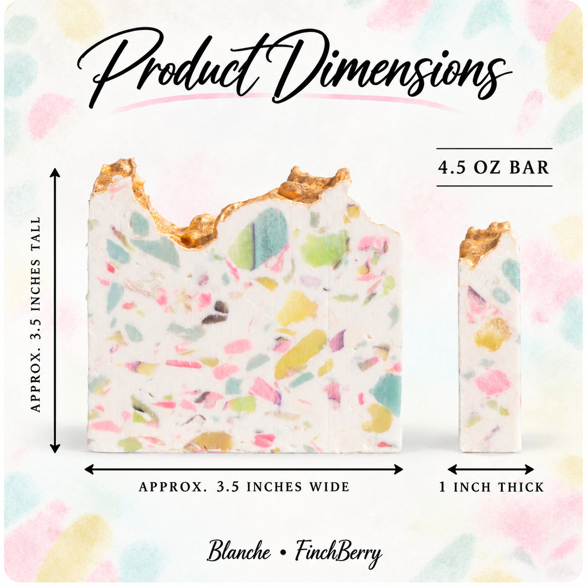 Blanche soap dimensions: approximately 3.5 inches tall and wide, 1 inch thick, 4.5 oz bar