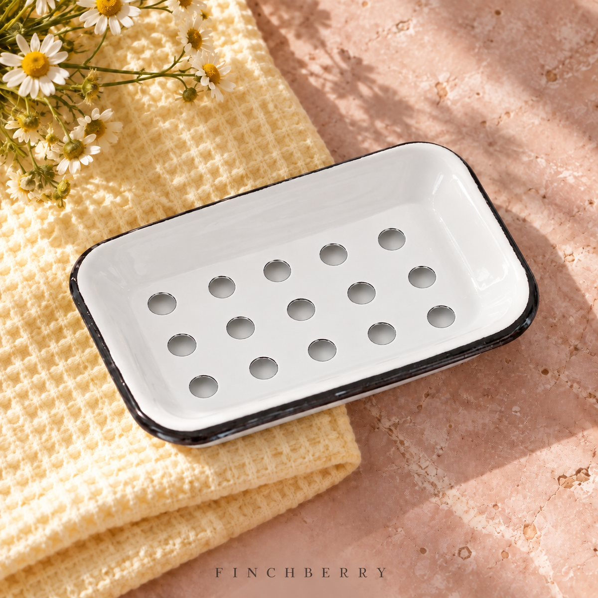 Farmhouse white enamel soap dish with fifteen drainage holes, styled product photograph