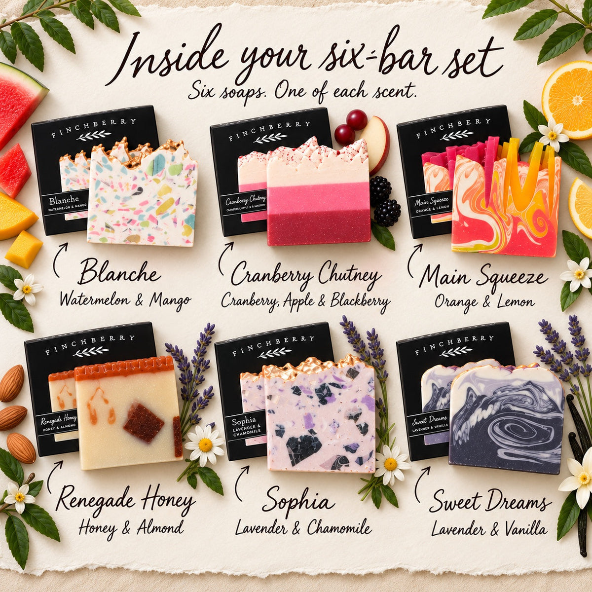 Inside your six-bar set: Blanche, Cranberry Chutney, Main Squeeze, Renegade Honey, Sophia and Sweet Dreams, with fragrance notes.