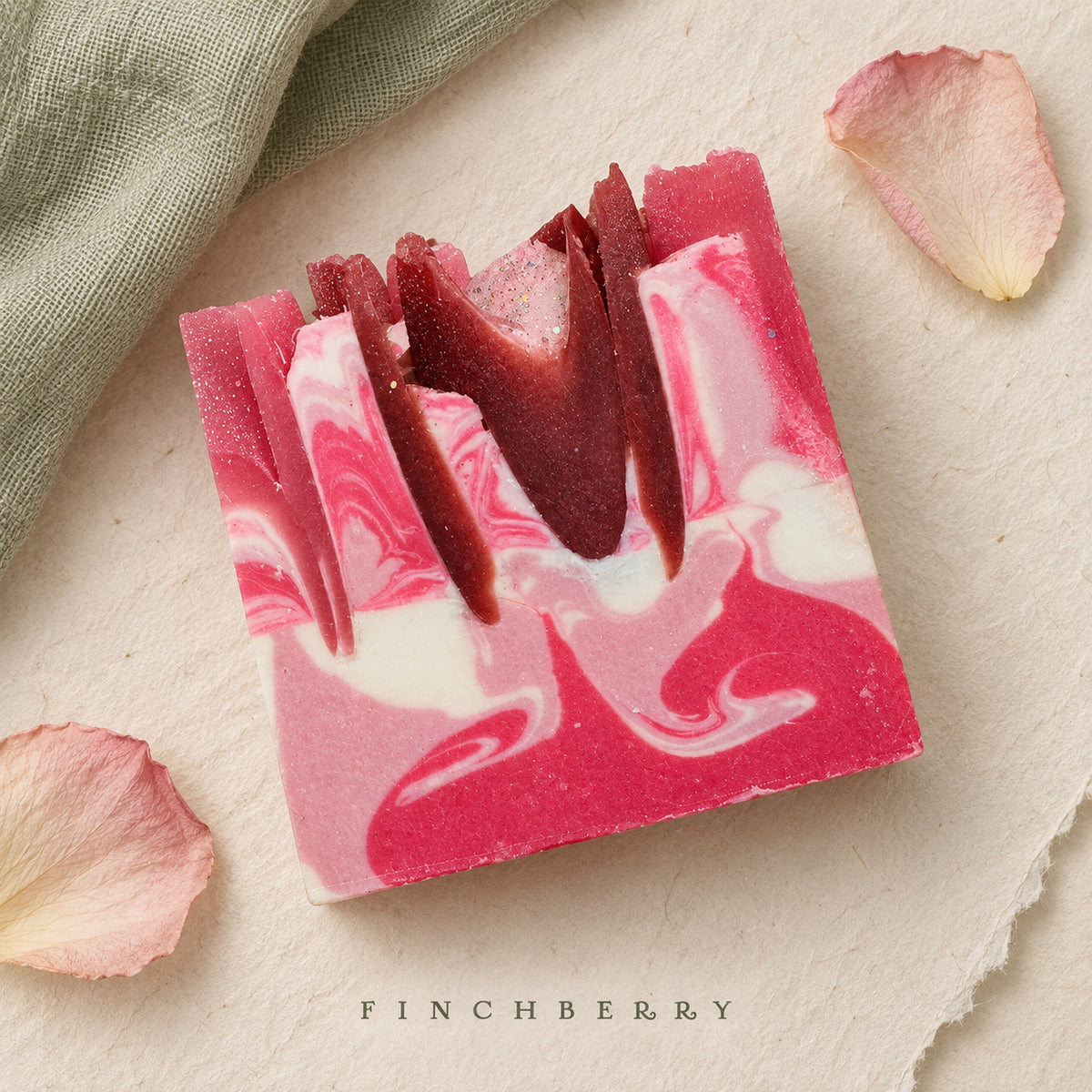 Rosey Posey soap flat lay with rose petals