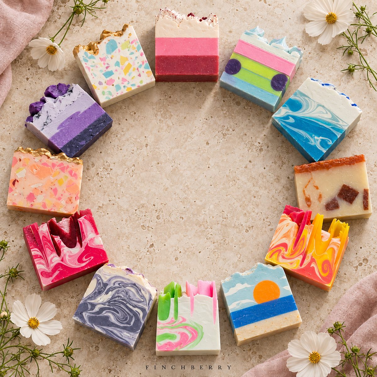 Twelve Finchberry soaps arranged in a botanical circle on pale stone