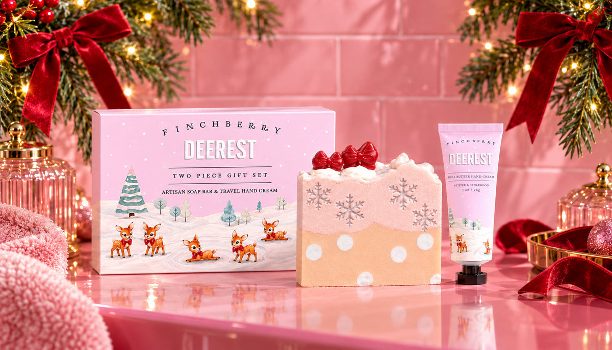 Finchberry Deerest holiday soap, two-piece gift set and travel hand cream with Christmas greenery and red bows