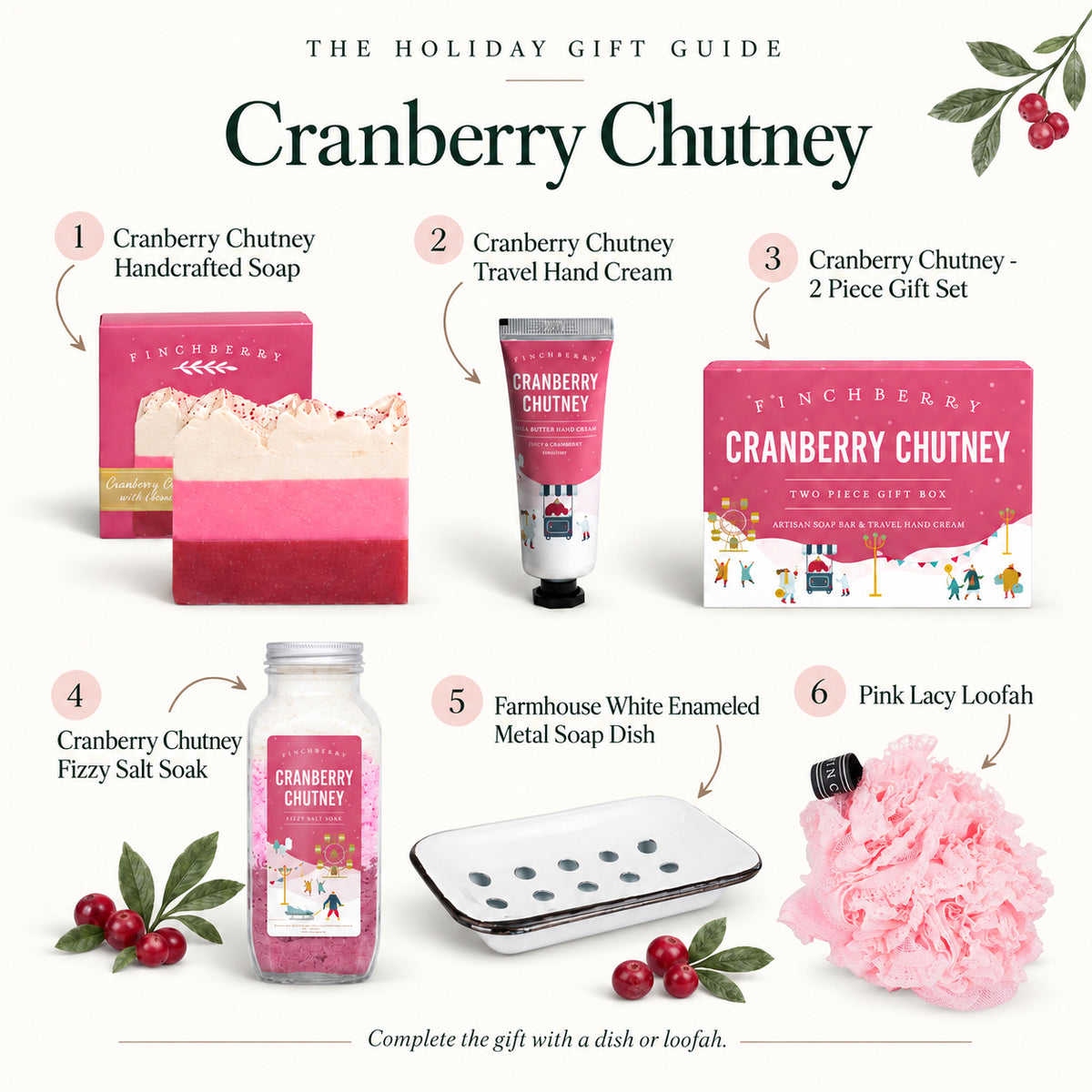 Cranberry Chutney holiday gift guide with coordinating soap dish and Lacy Loofah