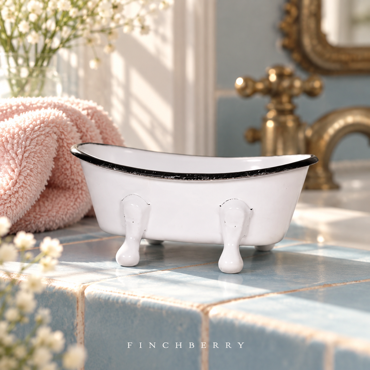 Farmhouse White Enameled Metal Bathtub Soap Dish styled editorial product photograph