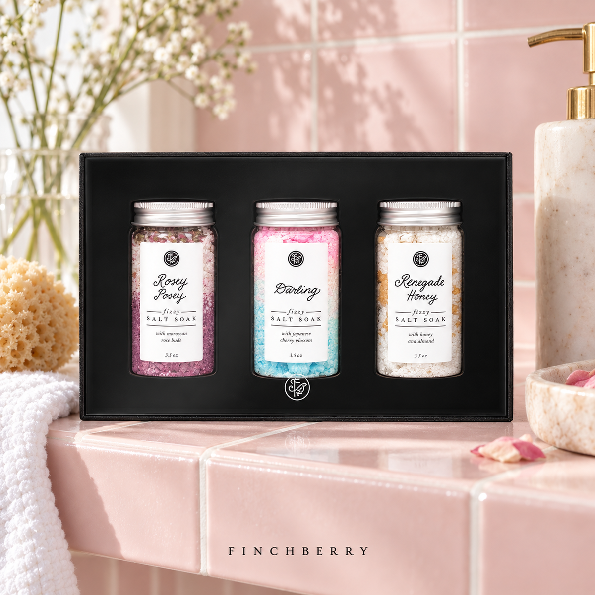 Fizzy Salt Soak Sampler Set styled editorial product photograph