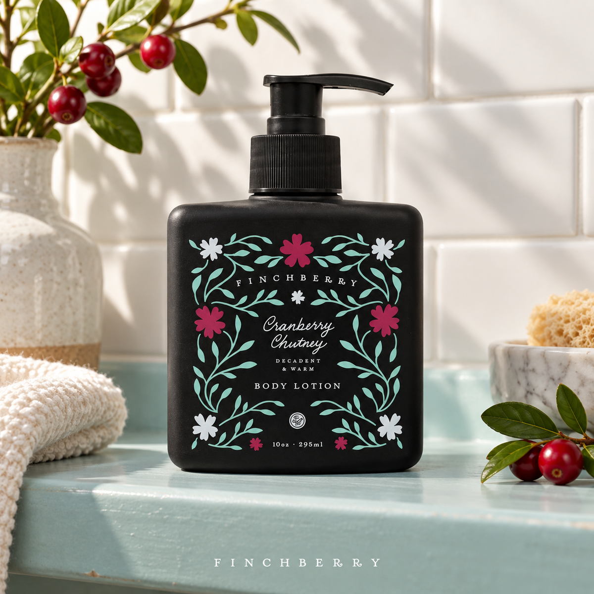 Cranberry Chutney Body Lotion styled editorial product photograph