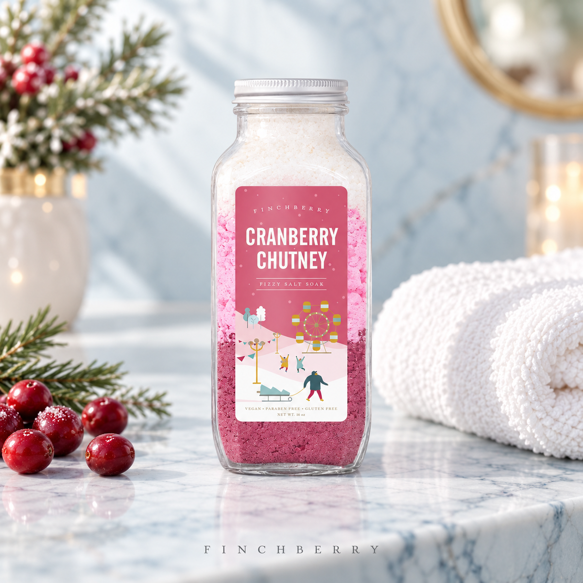 Holiday Edition - Cranberry Chutney Fizzy Salt Soak styled editorial product photograph