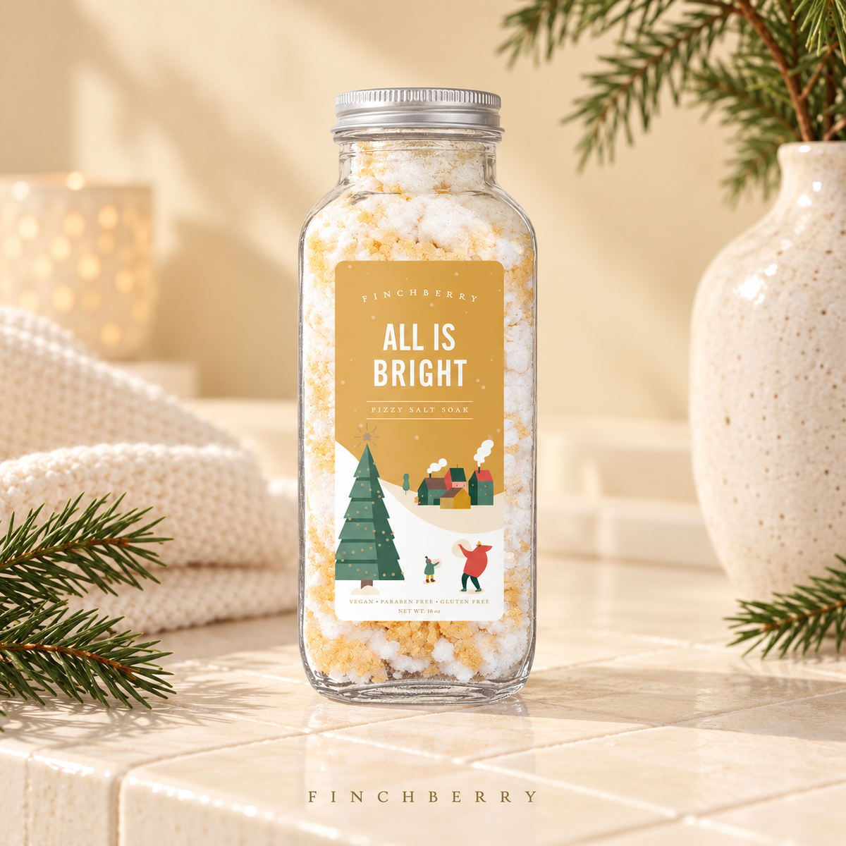 Holiday Edition - All is Bright Fizzy Salt Soak styled editorial product photograph