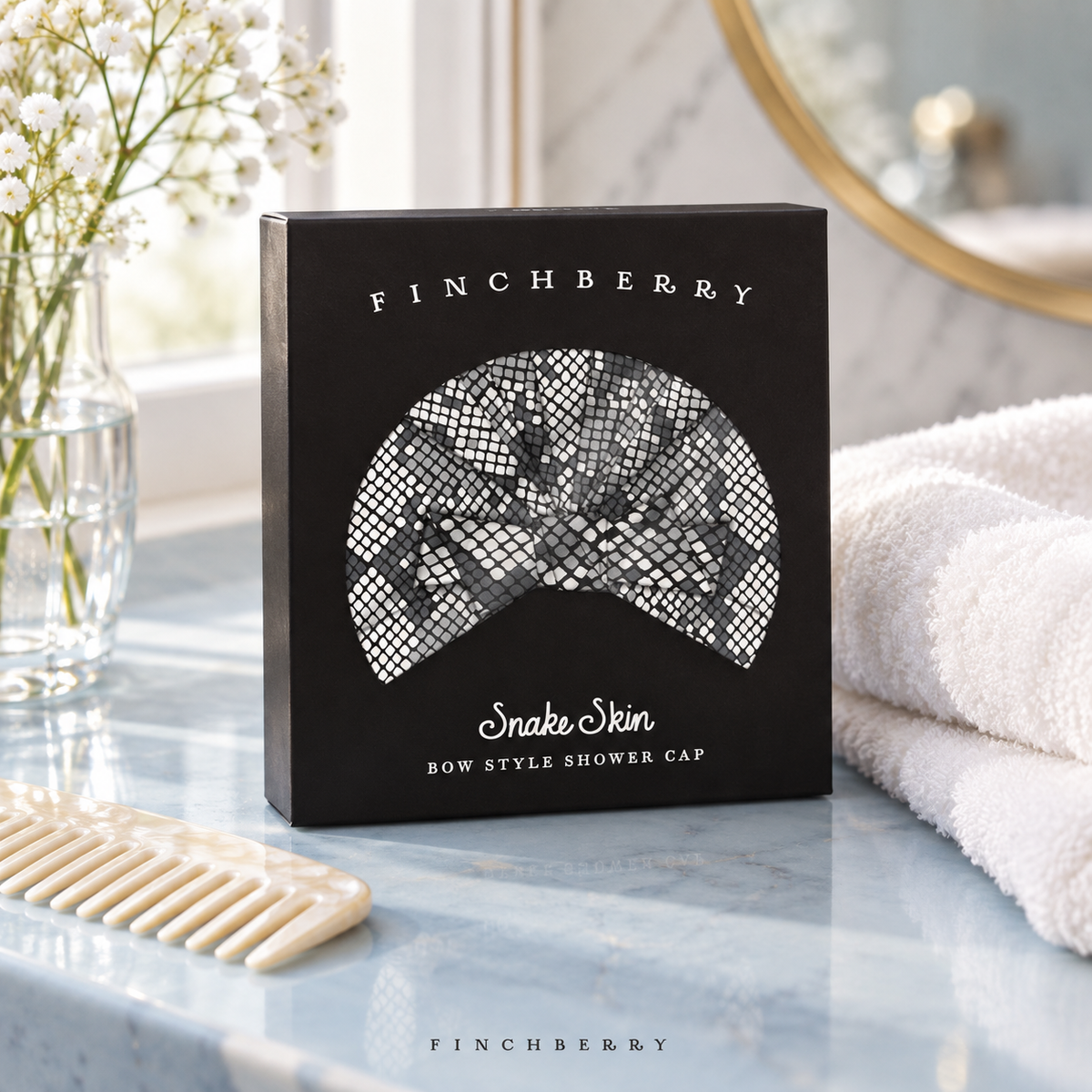 Snake Skin Shower Cap styled editorial product photograph