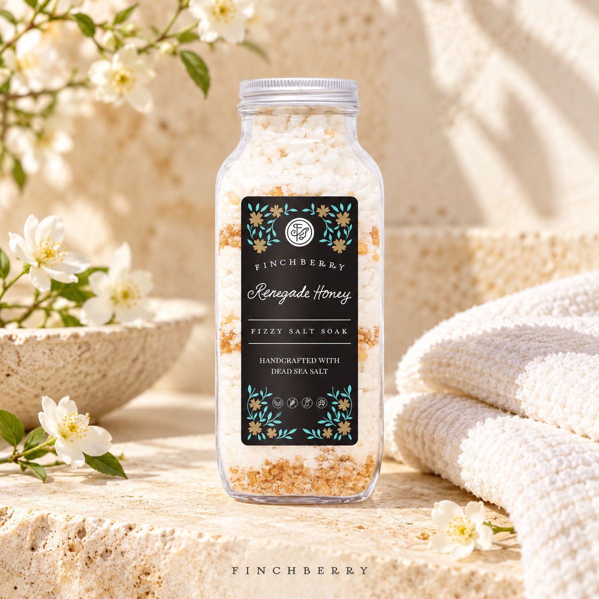 Renegade Honey Fizzy Salt Soak styled editorial product photograph