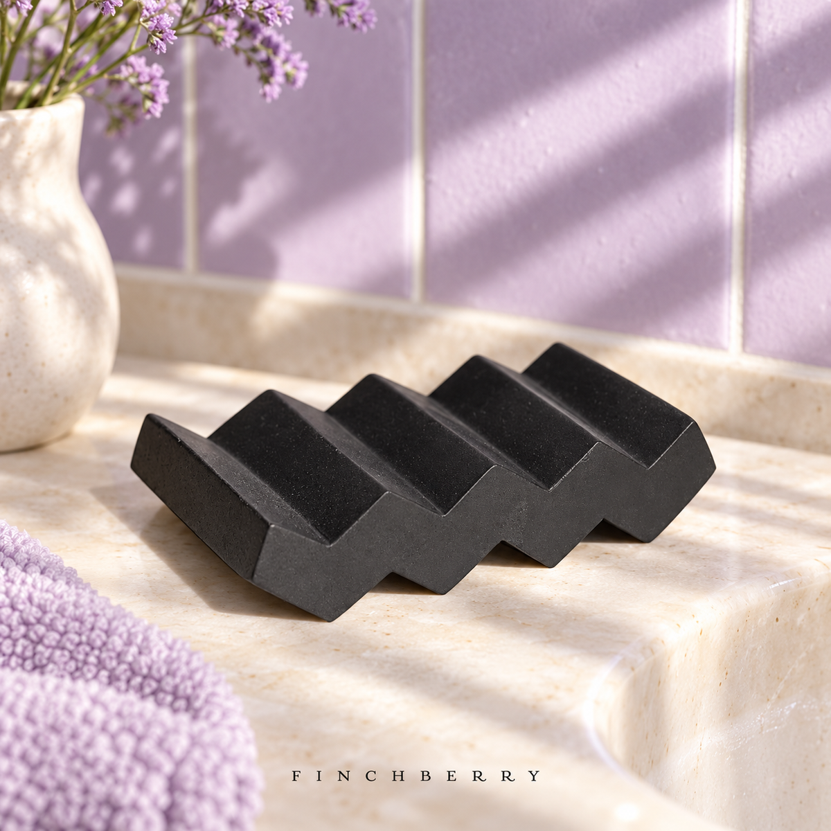Modern Cement Soap Dish - Black styled editorial product photograph
