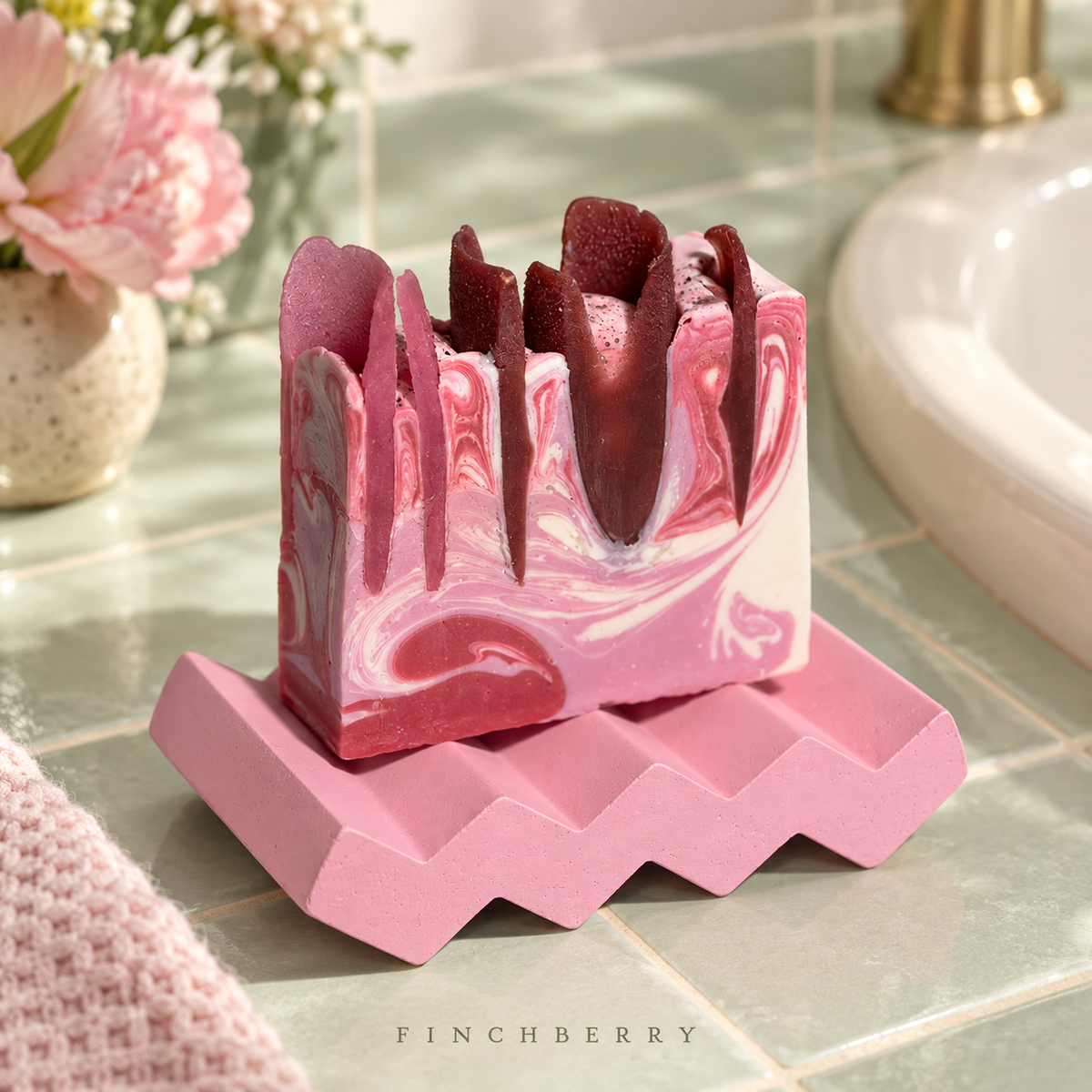 Modern Cement Soap Dish - Pink styled editorial product photograph