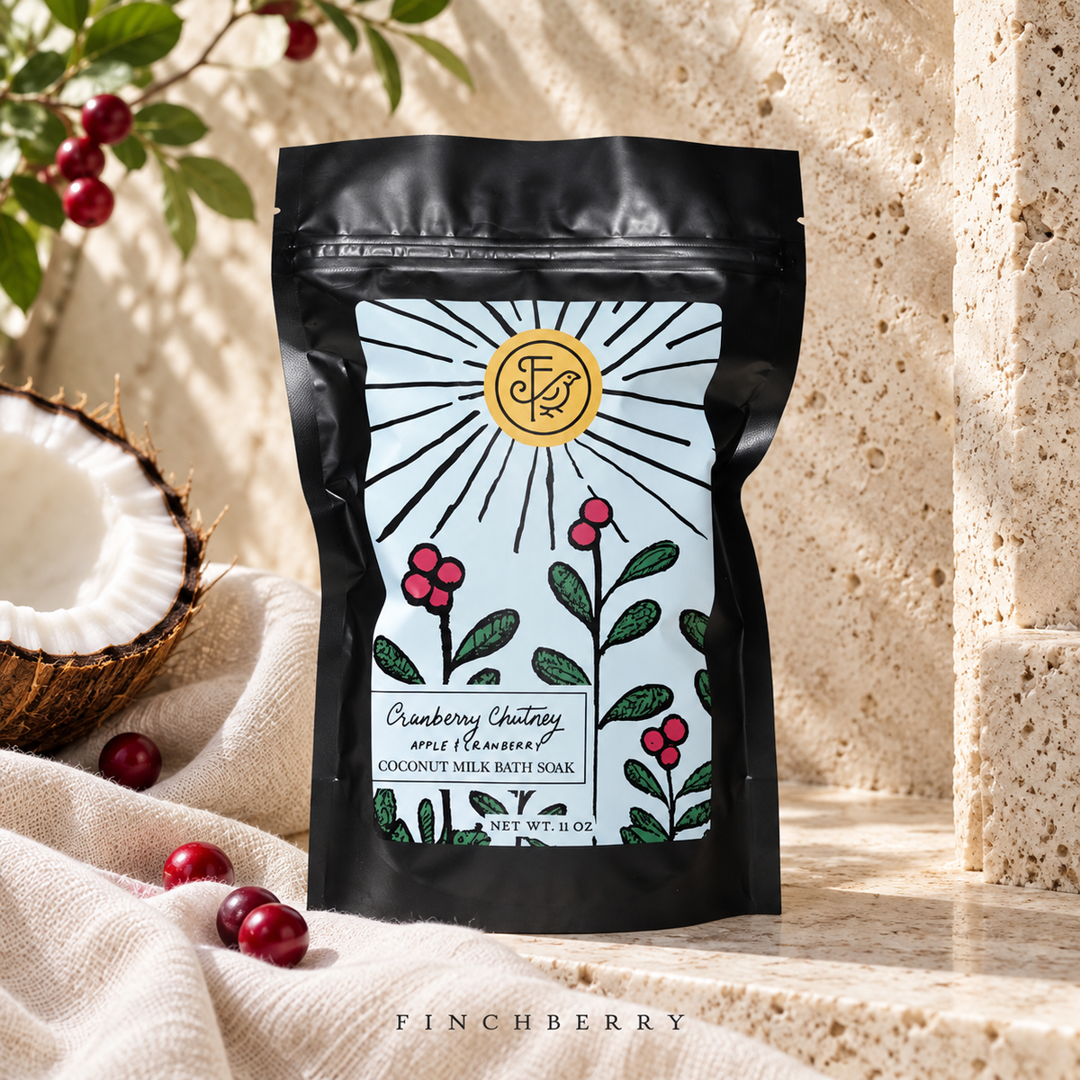 Cranberry Chutney Creamy Coconut Milk Bath Soak styled editorial product photograph