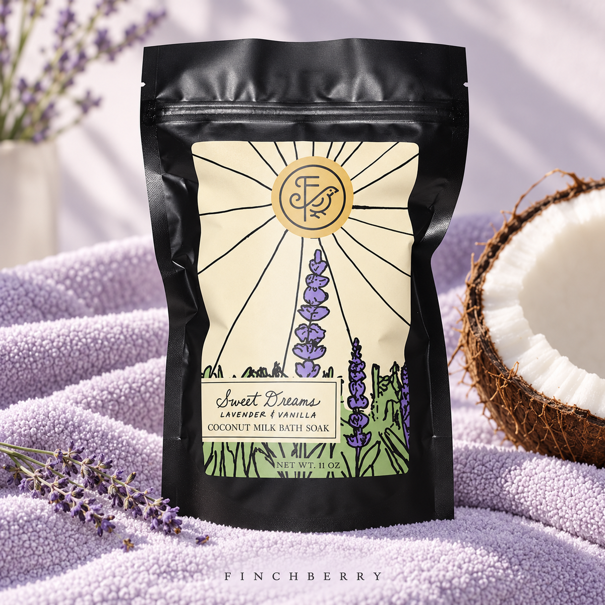 Sweet Dreams Creamy Coconut Milk Bath Soak styled editorial product photograph