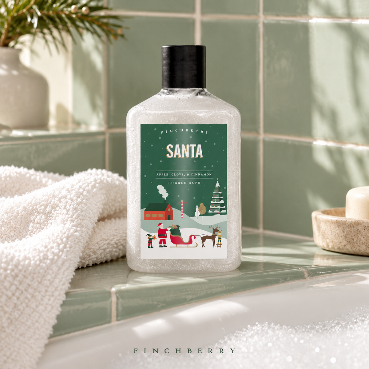 Holiday Santa Bubble Bath styled editorial product photograph