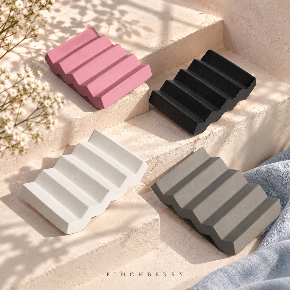 Modern Cement Soap Dish - Mixed Set of 4 styled editorial product photograph