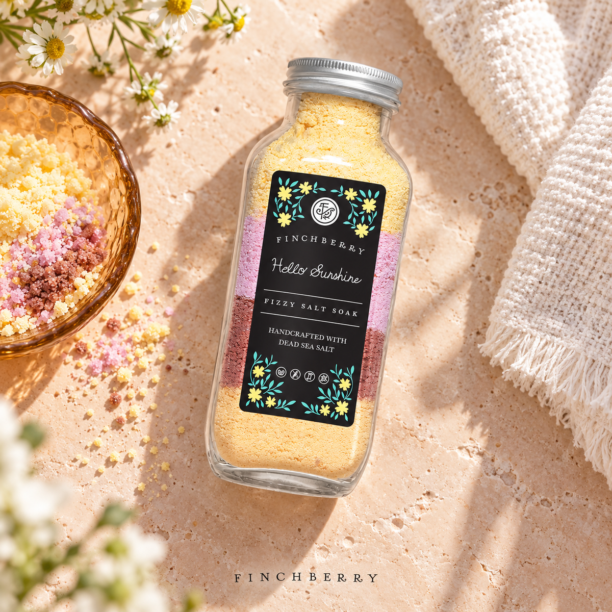 Hello Sunshine Fizzy Salt Soak styled editorial product photograph