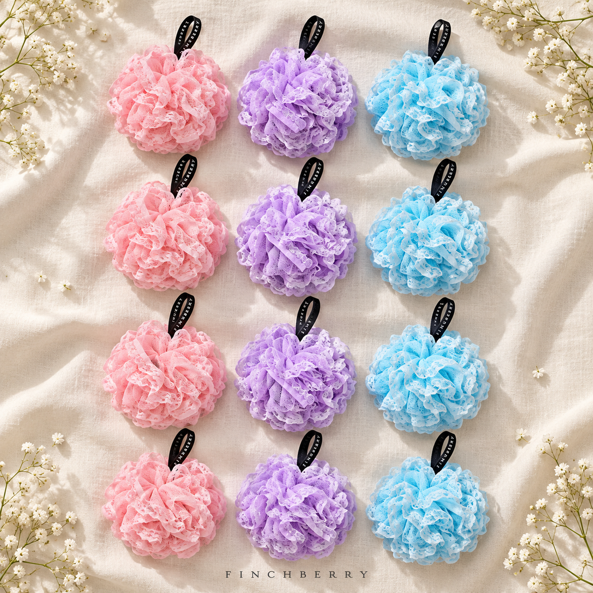 MIXED COLOR Lacy Loofah (set of 12 Loofahs) styled editorial product photograph