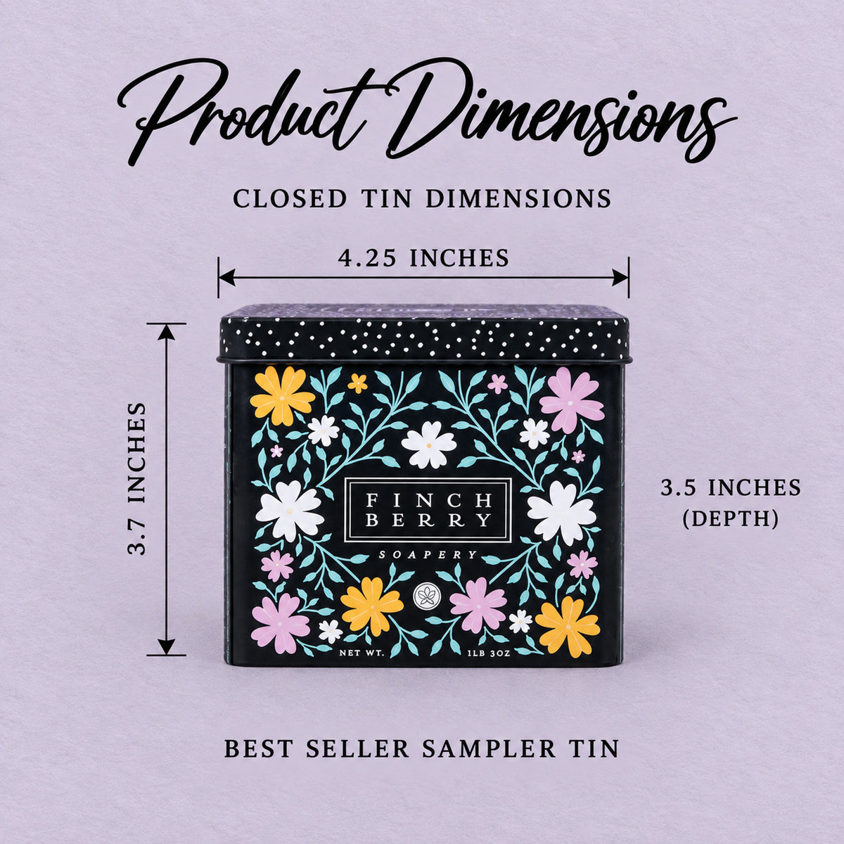 Best Seller Sampler Tin product dimensions, measured in inches.