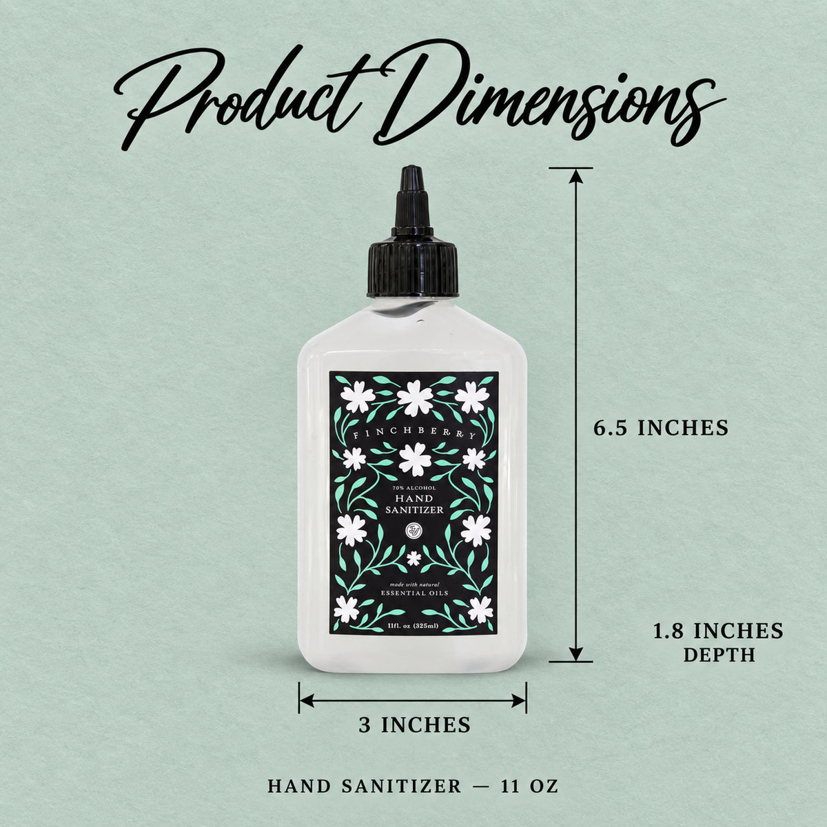 Hand Sanitizer 11 oz product dimensions, measured in inches.