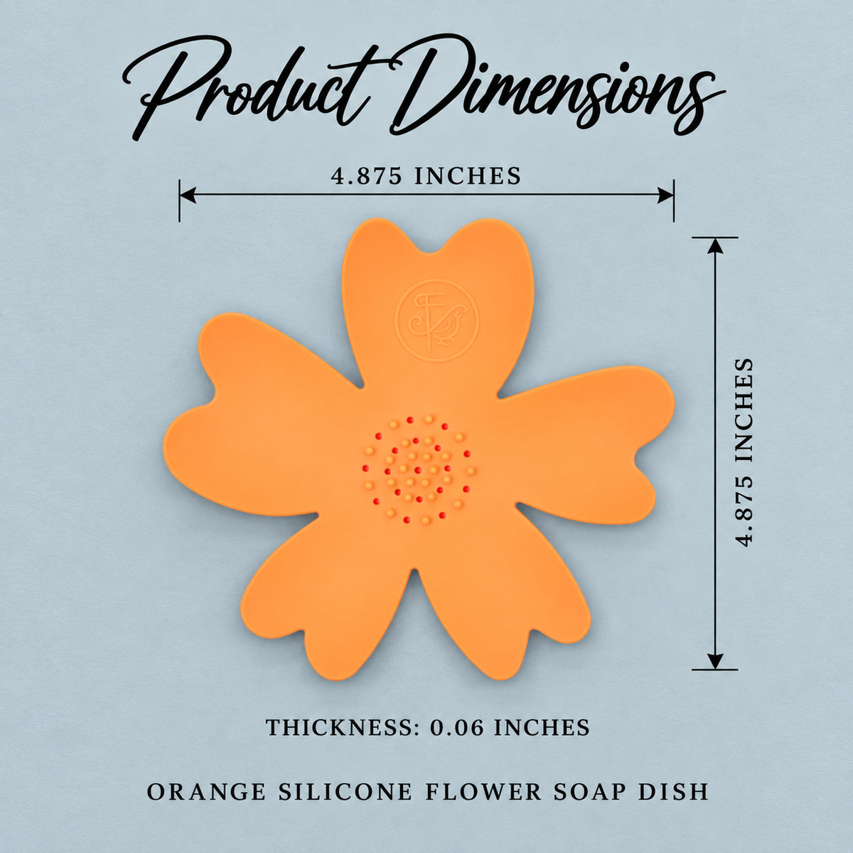 Orange Silicone Flower Soap Dish product dimensions, measured in inches.