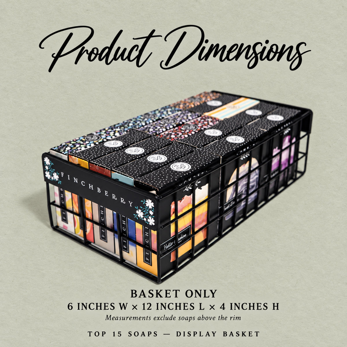 Top 15 Soaps Display Basket product dimensions, measured in inches.