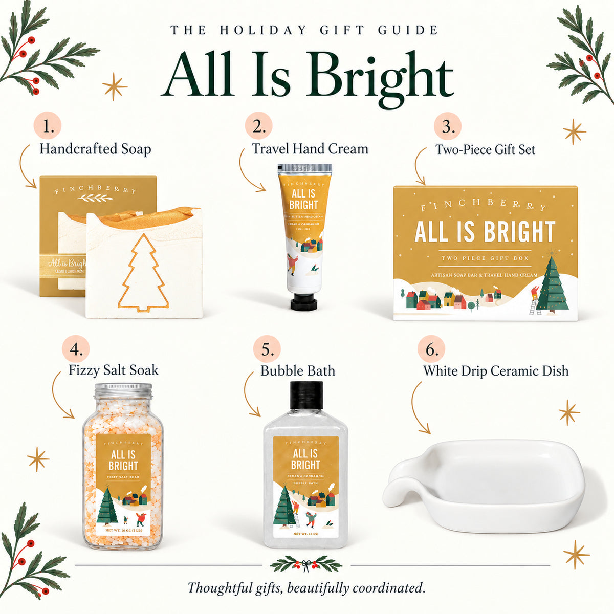 All Is Bright holiday gift guide featuring handcrafted soap, travel hand cream, two-piece gift set, fizzy salt soak, bubble bath and white ceramic soap dish