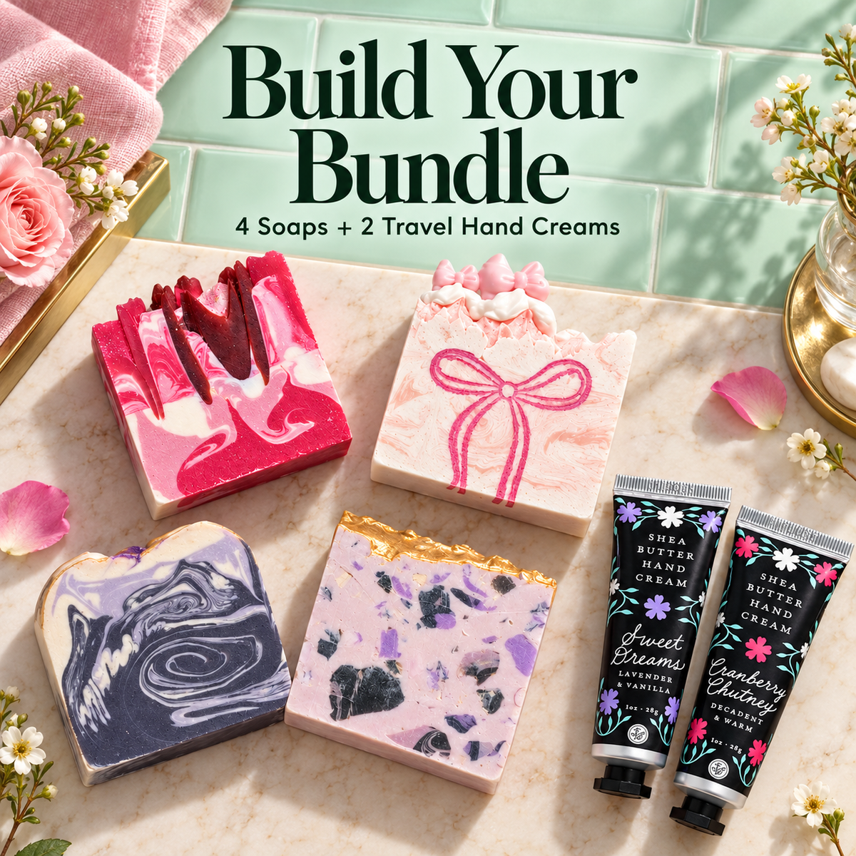 Build Your Bundle — 4 soaps and 2 travel hand creams styled on a mint vanity