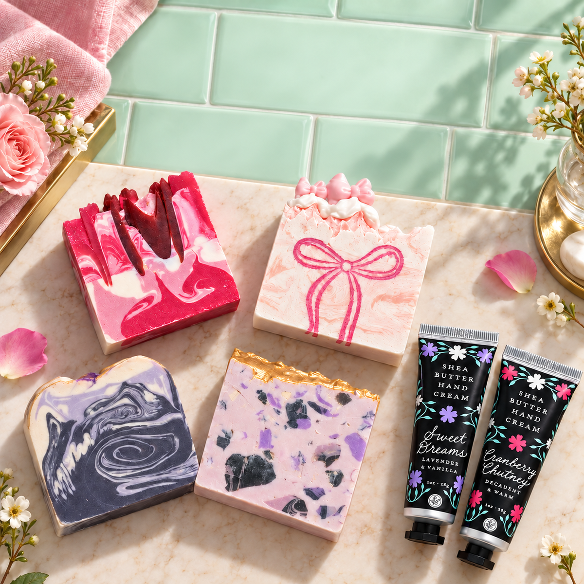 Four Finchberry soaps and two travel hand creams on a mint vanity