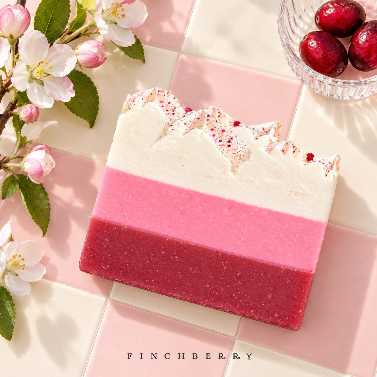Cranberry Chutney soap on pastel pink and ivory tiles
