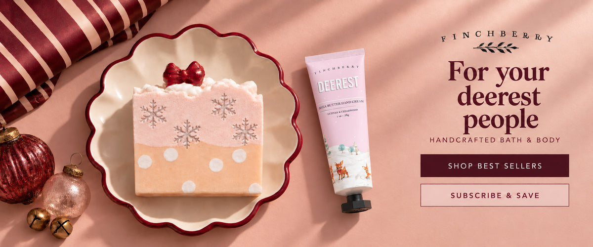 Finchberry Deerest soap and hand cream on a pink holiday vanity. Handcrafted bath &amp; body.