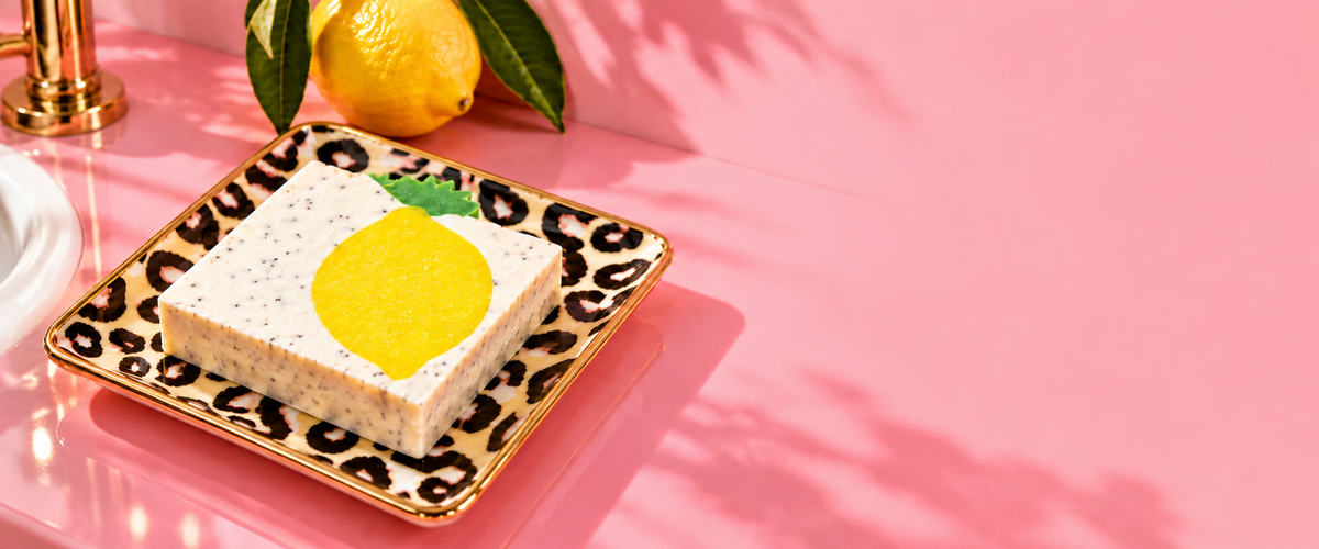 Lemon soap on a gold-rimmed leopard soap dish on a pink vanity