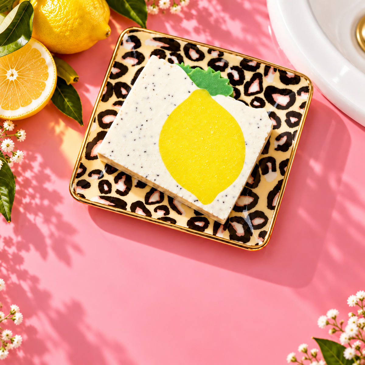 Finchberry lemon soap and leopard print soap dish on a bright pink vanity