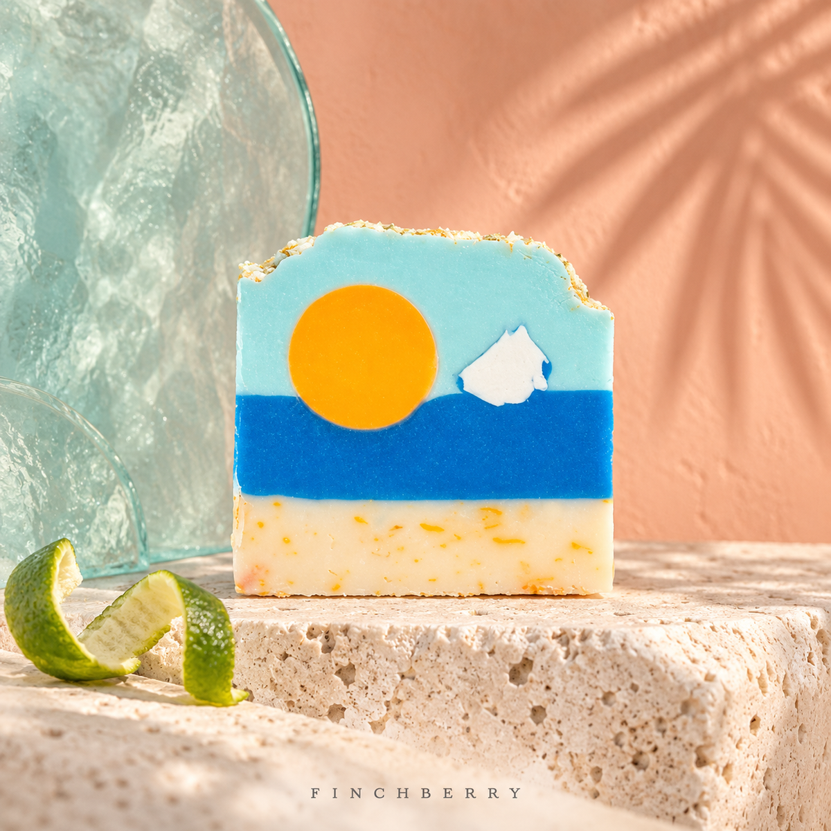 One Tropical Sunshine soap with seafoam glass and palm shadows