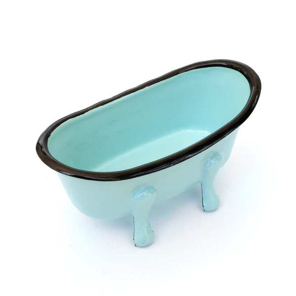 blue enameled metal bathtub soap dish